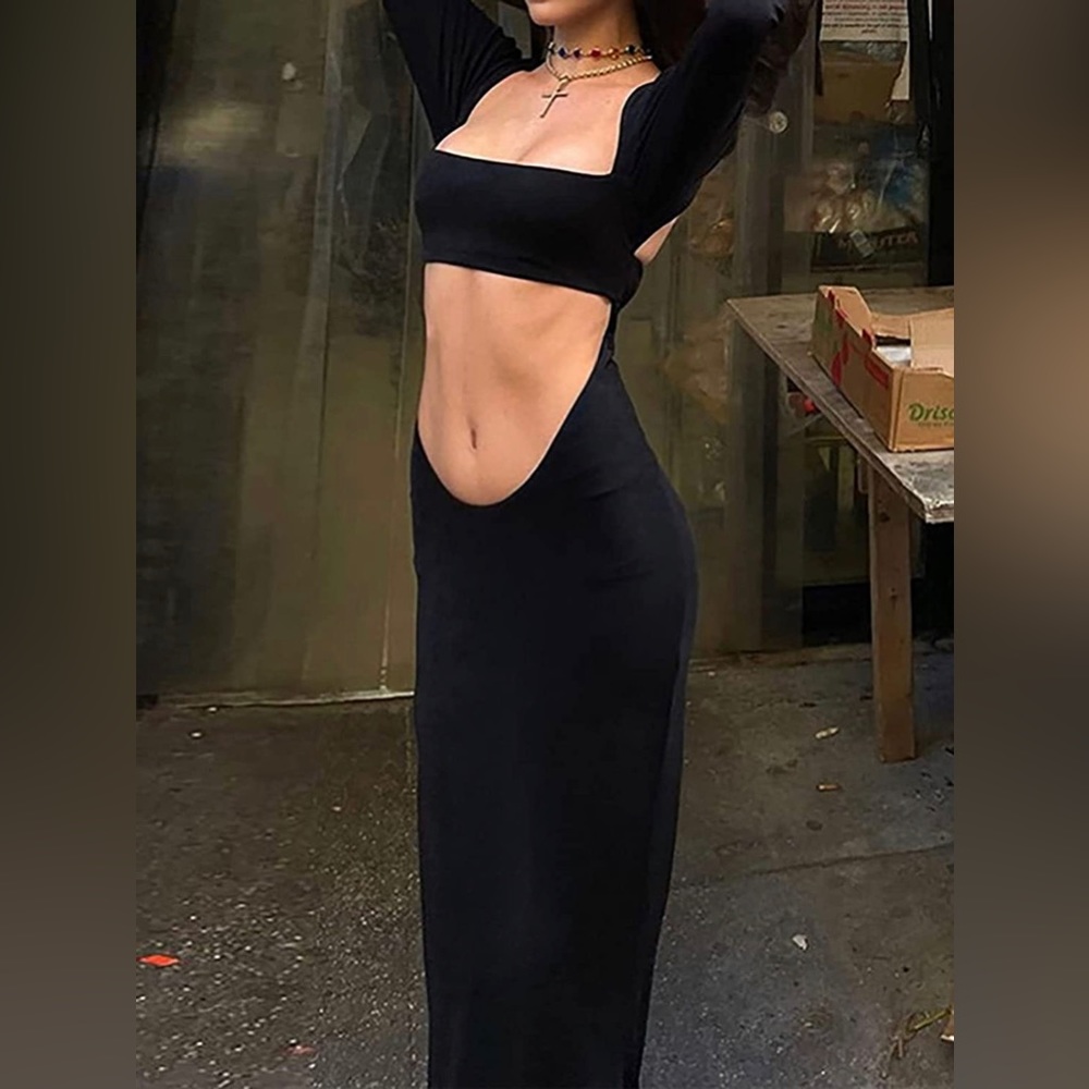 BLOGGERS FAV (S) Black Cut Out Bodycon Backless Long Sleeve Maxi Dress - Picture 4 of 9